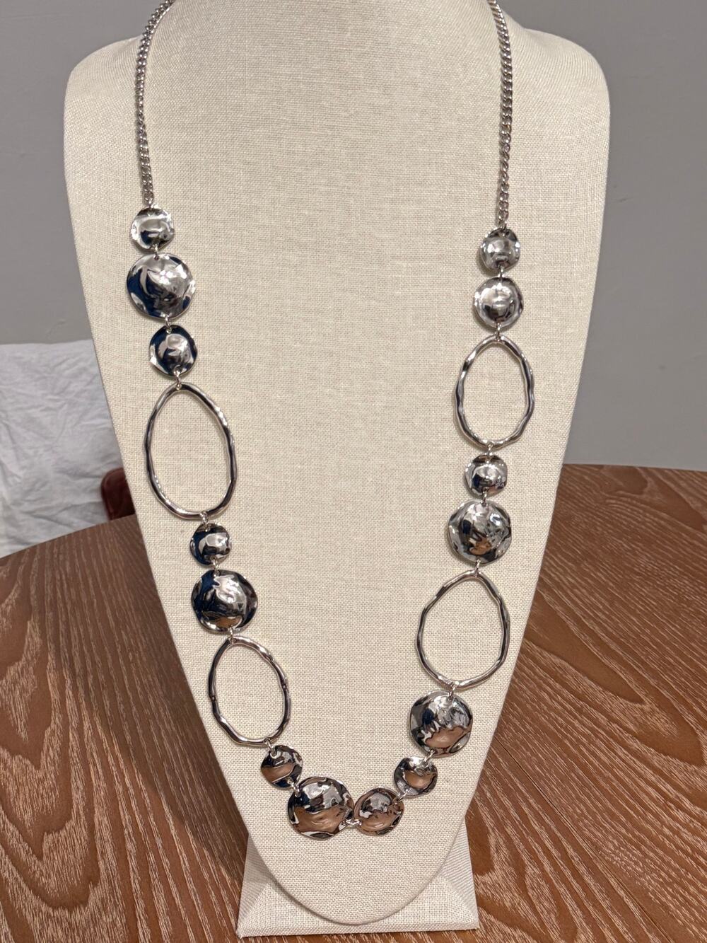 NWT Chico’s Silver Tone Long Statement Necklace 34” + 2” Extender